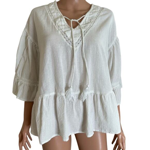 Asos blouse top flowy white 100% cotton lightweight V-neck tie 3/4 sleeve SZ M - Picture 3 of 9